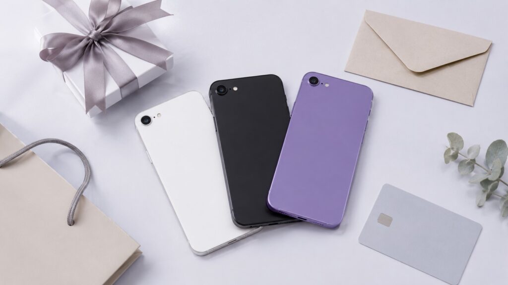 中古スマートフォンとギフトボックスを並べた、にこスマのクーポンや特典キャンペーンをイメージしたフラットレイ画像