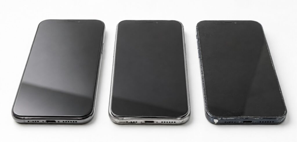 状態の異なる3台の中古スマートフォンを白い背景に並べ、にこスマのA・B・Cグレードの違いをイメージできる比較画像