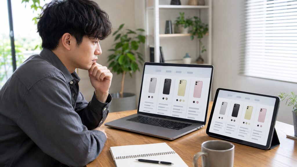 にこスマの中古iPhone15シリーズをパソコンとタブレット画面で比較する男性