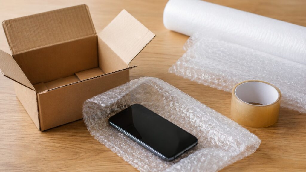にこスマ買取へ発送するスマートフォンを段ボールと緩衝材で梱包する準備