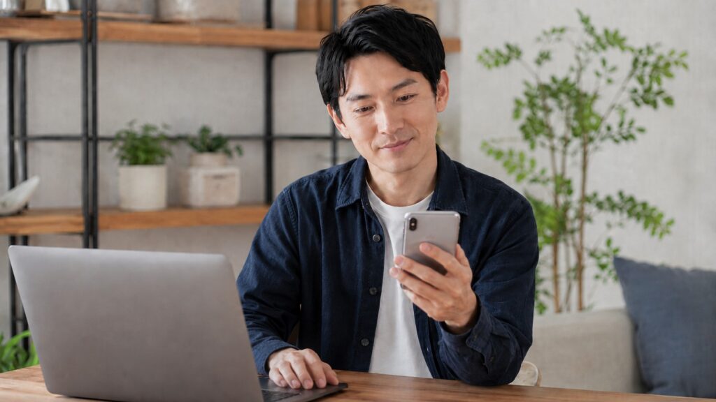 にこスマ買取で売却する前にスマートフォンを比較して買い替え端末を選ぶ男性