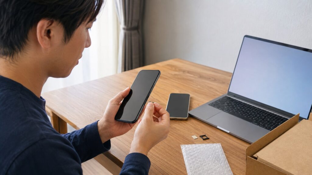 にこスマ買取へ発送する前にスマートフォンからSIMカードを取り外す男性