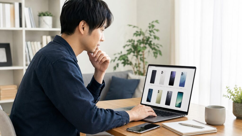 中古スマホをオンラインで比較しながら購入を検討する日本人男性