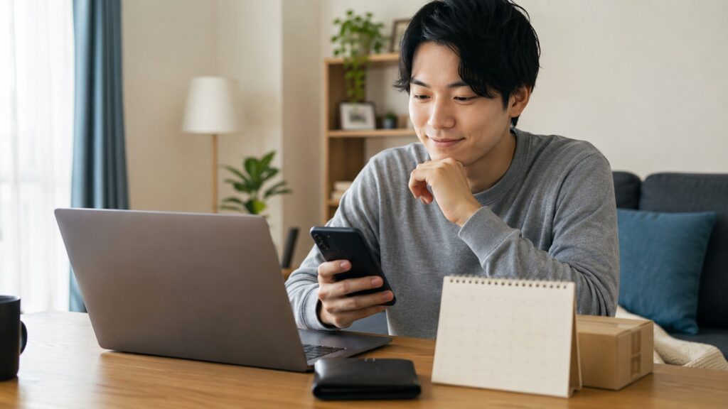 にこスマでペイディのあと払いや分割払いを検討する日本人男性