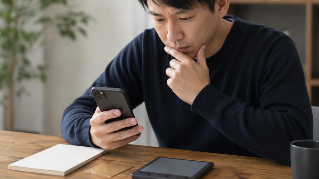 にこスマのクレジットカード分割払いと支払総額を検討する男性