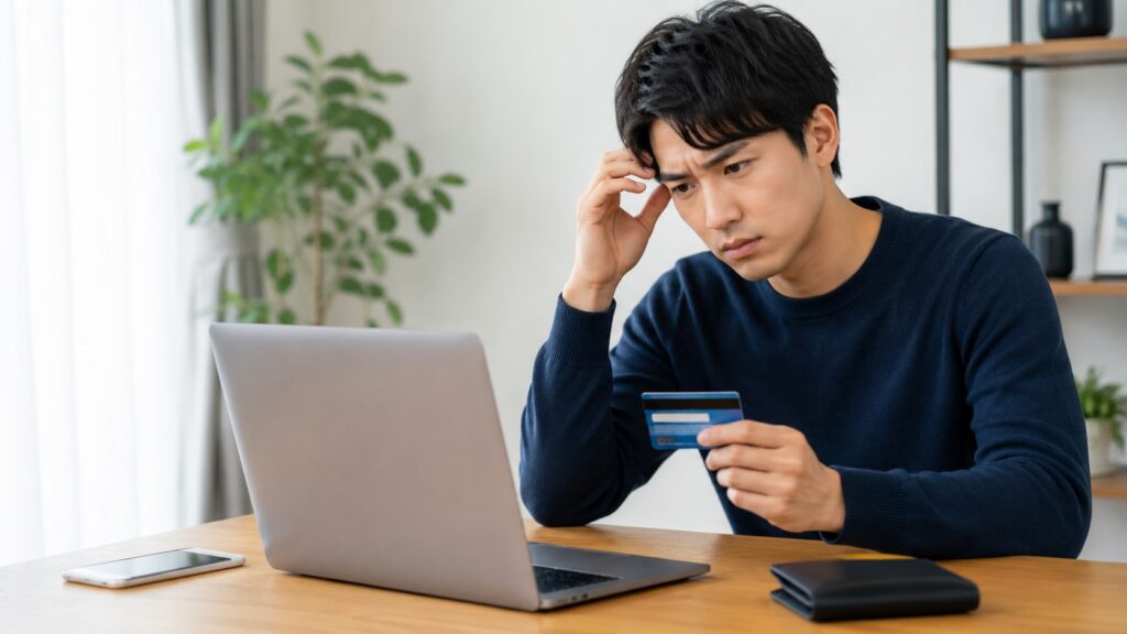 にこスマでクレジットカードが決済できない原因を確認する日本人男性