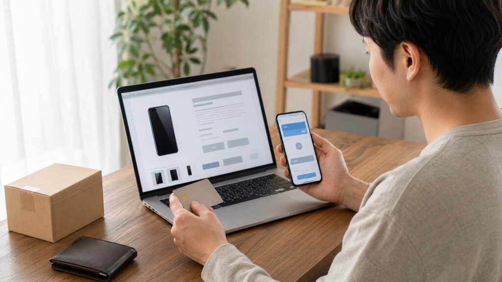 にこスマで中古スマホ購入時の支払い方法を確認する日本人男性