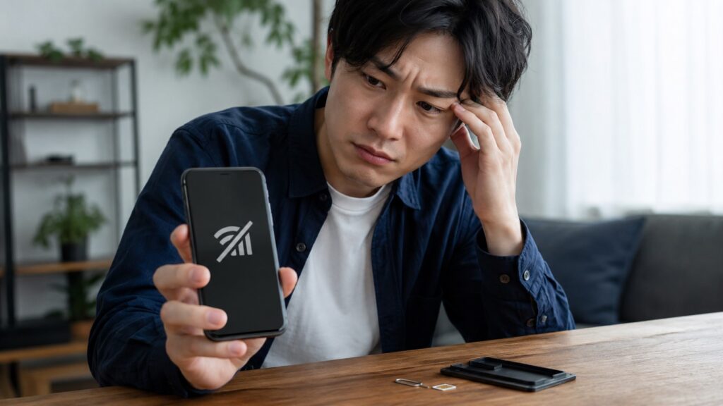 中古スマホの赤ロムやネットワーク利用制限を確認する男性