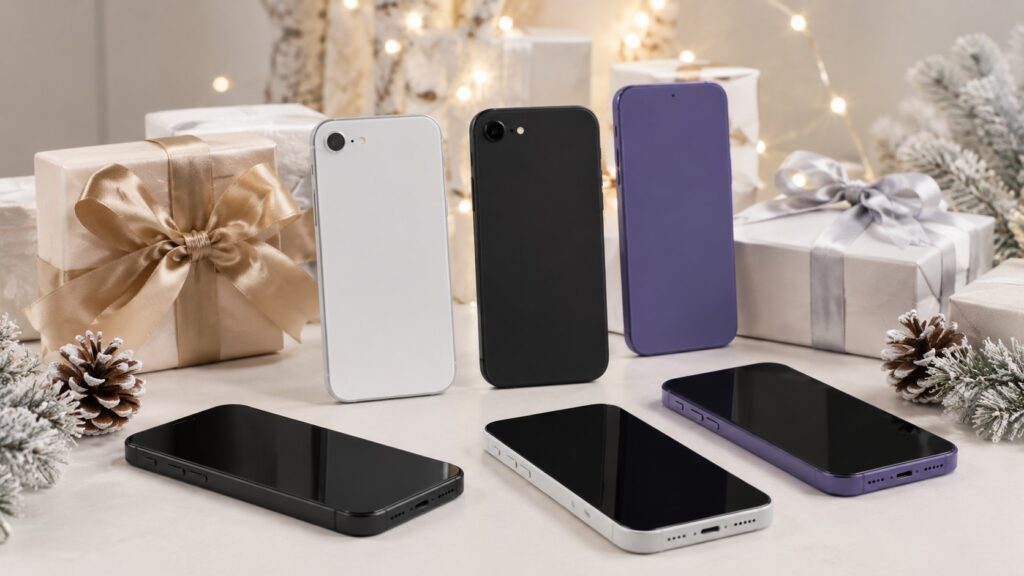 複数のスマートフォンとギフトボックスを並べた、にこスマのブラックフライデーや年末セールをイメージ