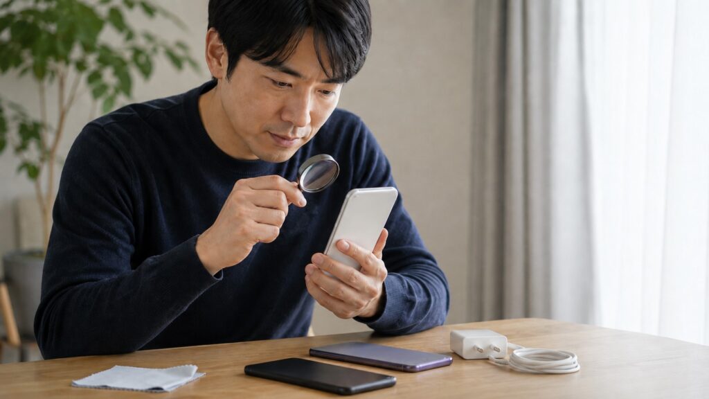 日本人男性が拡大鏡で中古スマートフォンの状態を細かく確認している様子