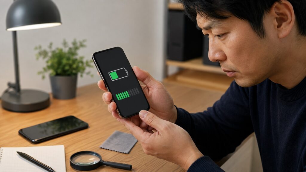 中古スマホのバッテリー状態を確認する日本人男性