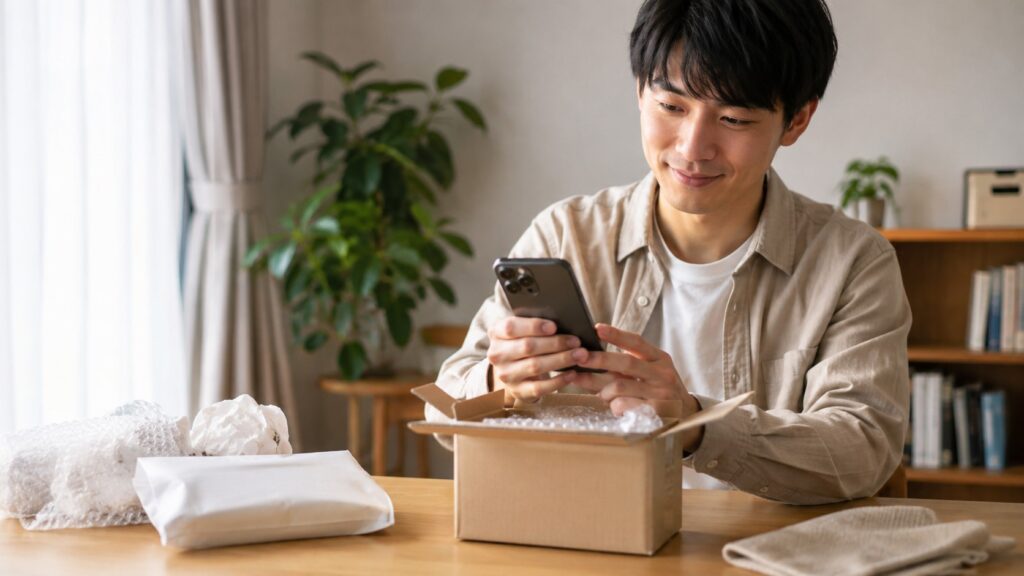 にこスマで購入した中古iPhone15の外観や動作状態を開封後に確認する男性