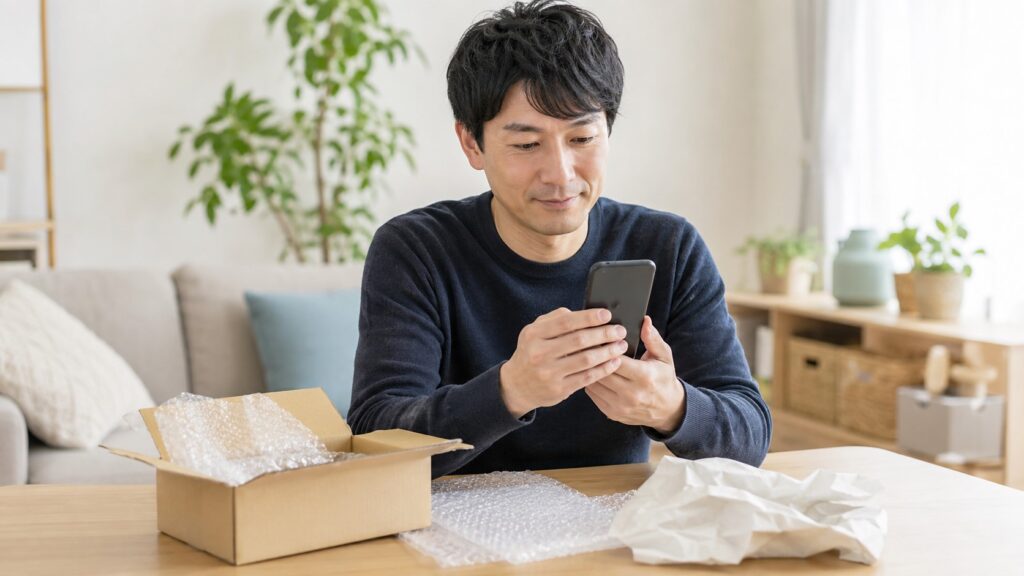届いた中古スマホを開封して状態確認をする日本人男性
