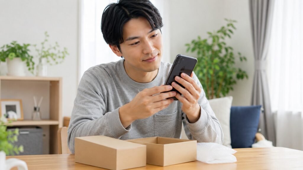 にこスマで購入した中古スマホの外観や初期不良を確認する男性