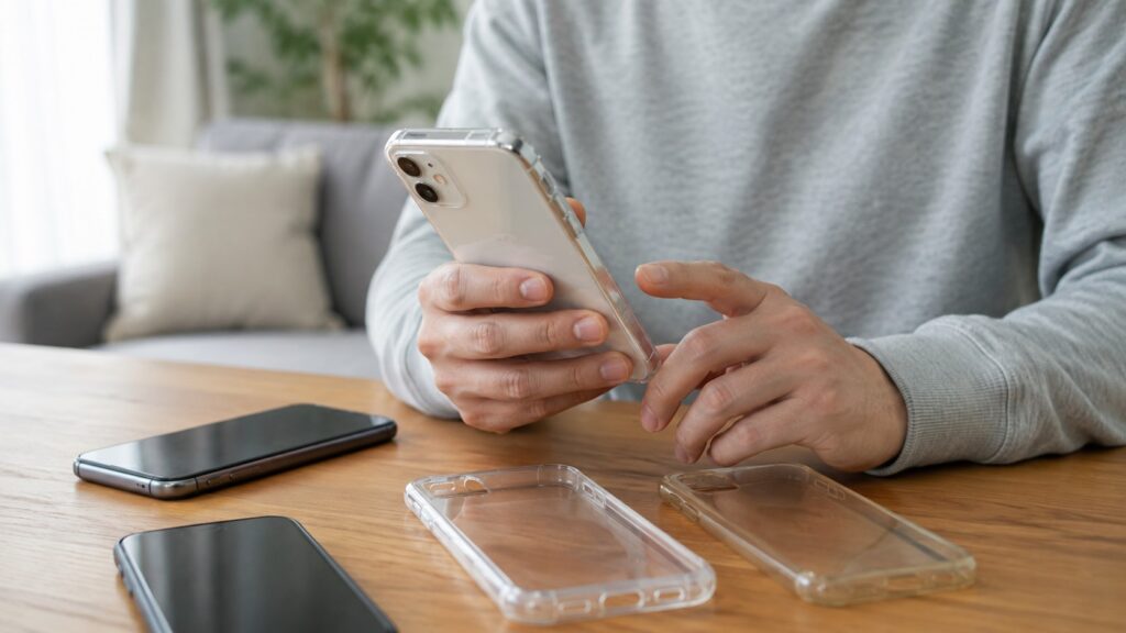 透明スマホケースを並べたテーブルで、中古スマートフォンにケースを付けて使う前提で機種を選んでいる様子
