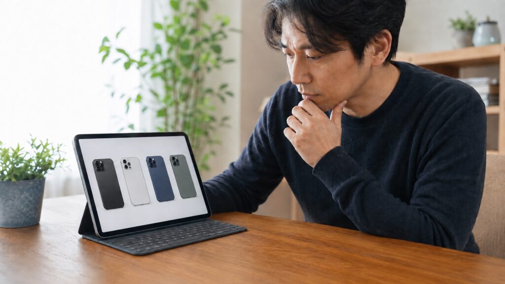オンラインストアで画面や側面の傷や状態を細かく確認している日本人男性の様子